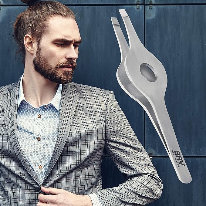 BRV MEN Wide Grip Slant Tweezers | Hand-Filed Slanted Tips for Ultra-Precision | Tweezers for Eyebrows & Nose/Ear/Facial Hair | Professional Tweezers for Women & Men - Silver