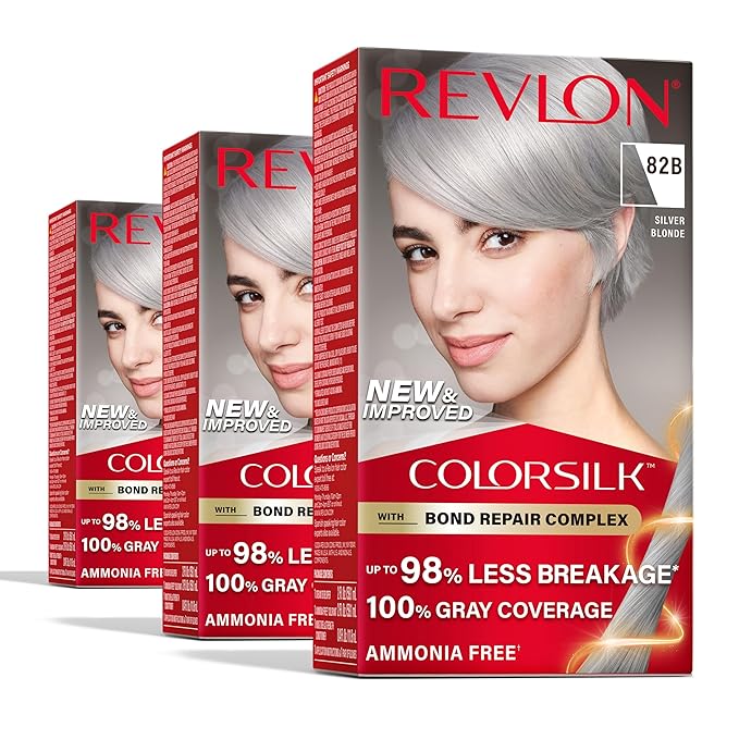 Revlon ColorSilk with Bond Repair Complex, Blonde Permanent Hair Color, 100% Gray Coverage, Ammonia Free Hair Dye, Vegan Keratin, 82B Silver Blonde (Pack of 3)