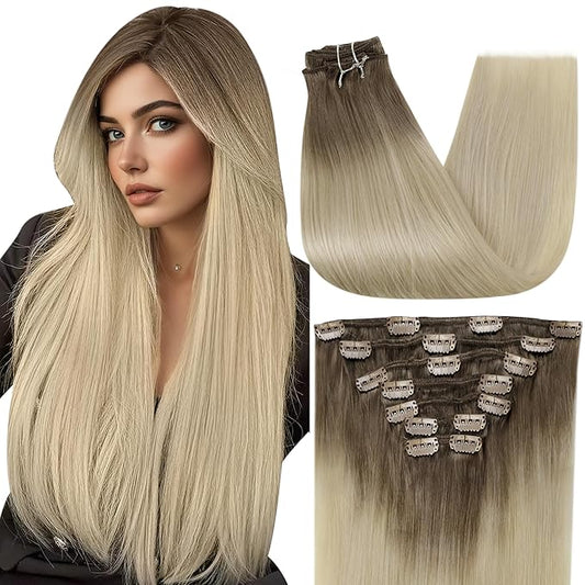 Full Shine Ombre Clip in Hair Extensions Blonde Real Human Hair Clip in Extensions Color 8 Ash Brown to Platinum Blonde Straight Invisible Hair Extensions 120 Grams 16 Inch
