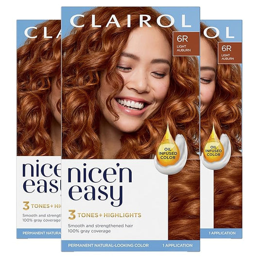 Clairol Nice'n Easy Permanent Hair Dye, 6R Light Auburn Hair Color, Pack of 3