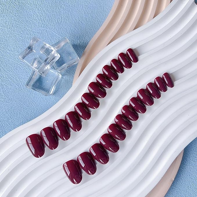Burgundy Wine Red Press on Nails Short Almond Fake Nails Press ons, Solid Color Glue on Nails Short False Nails, Medium Almond Nails Round Glue on Nails for Women, 24 Pcs