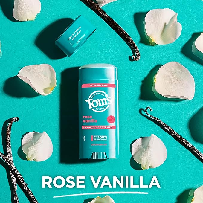 Tom's of Maine Rose Vanilla Aluminum Free Natural Deodorant For Women & Men | Goes on Clear | Odor & Wetness Protection | Naturally Derived and Moisture-Locking Ingredients | 3.25 oz (2 Pack)