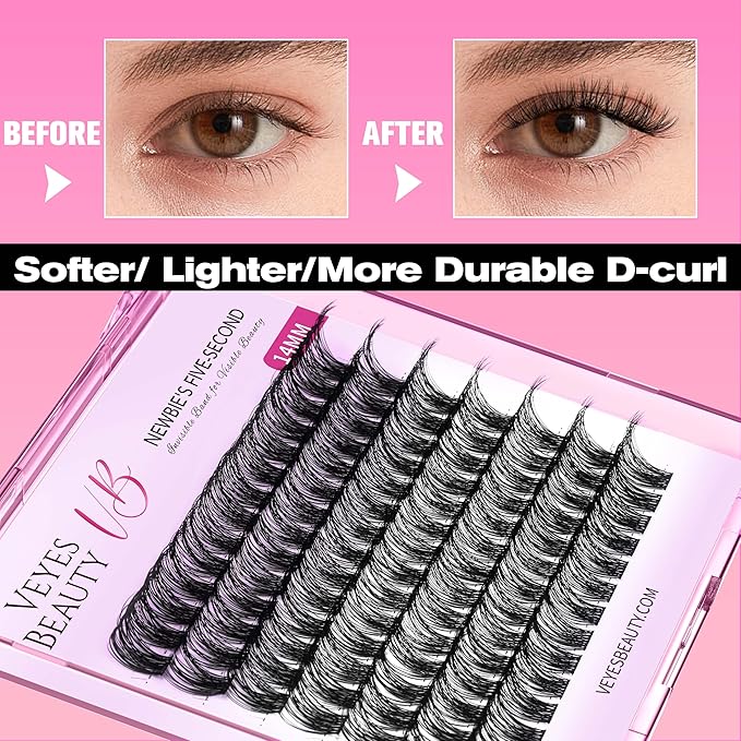 VEYESBEAUTY Lash Clusters Individual Eyelash Extensions Thin & Invisible Band DIY False Eyelashes for Self-application Newbie's Five-Second Series Wispy Lash Tray, Boldeye 14mm Single Length
