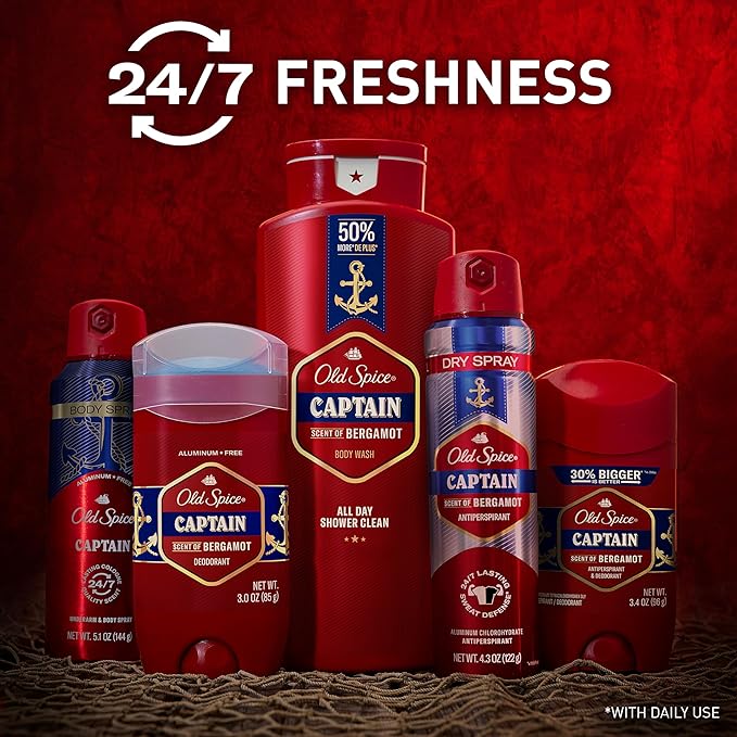 Old Spice Refreshing Body Wash for Men, 3X Defense, 24/7 Shower Fresh with Long Lasting Scent, Red Collection, Captain with Bergamot Scent, 24 oz (Pack of 4)