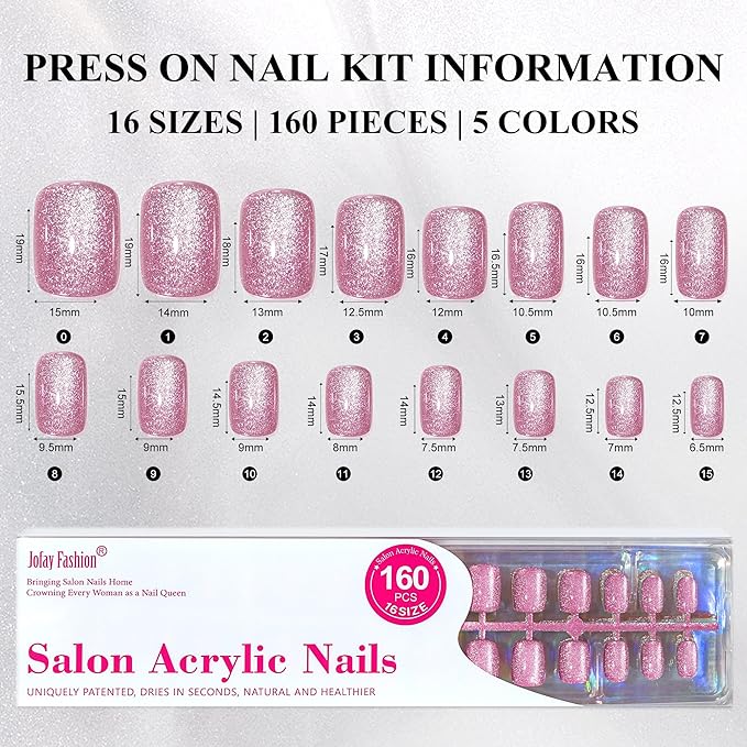 Press on Nails Short 5 Styles, Jofay Fashion 160Pcs Summer Cat Eye Press on Nails for Women, Reusable Opaque Gel Fake Nails, Square Glue On Nails in 16 Sizes, Blooming Flowers