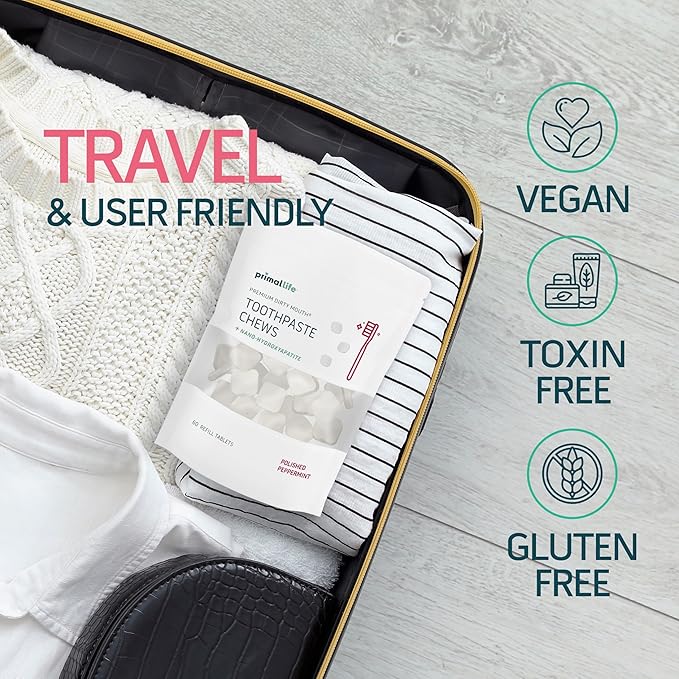 Primal Life Organics Premium Dirty Mouth Toothpaste Chews – Nano-Hydroxyapatite Whitening Toothpaste Tablets for Adults - Gluten Free, Vegan, Paleo - 60 Tablets in Bag - Polished Peppermint