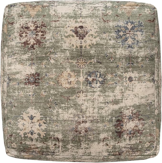 LR Home Grace Vintage Floral Sage Green Square Indoor Medium Pouf Ottoman | Power-Loomed Polyester Pouf Footrest for Bedroom & Living Room Decor | 18 x 18 x 18 Stuffed Ottoman for Seating