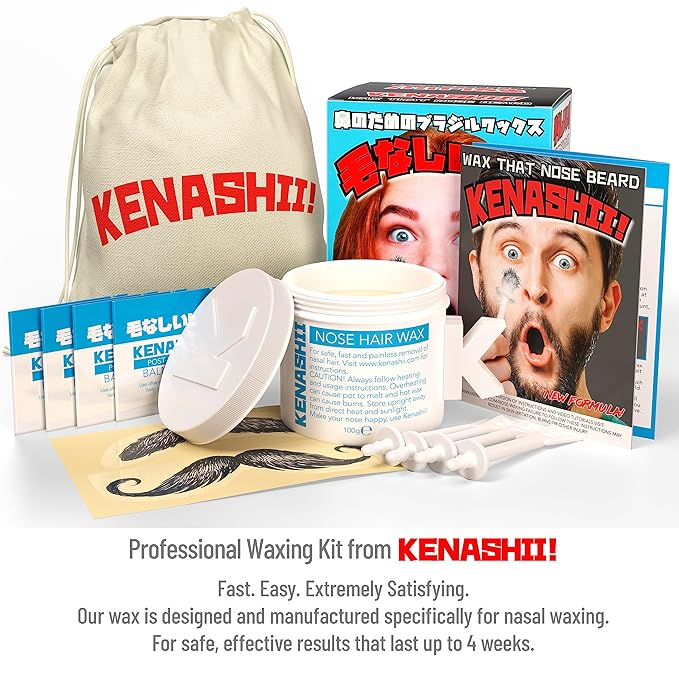 KENASHII Nose Wax Kit | 100 g Wax, 24 Applicators | Hair Removal Kit for Men and Women | Includes Balm Wipes and Mustache Guards | Lasts up to 5 Weeks