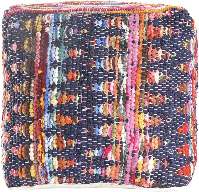 LR Home Denim Bordered Shabby Chic Hand-Loomed Cotton Jute Cube Pouf for Home Decor | Hand-Made Farmhouse Foot Rest for Bedroom & Living Room Decor | 18 x 18 x 18 Stuffed Ottoman for Seating