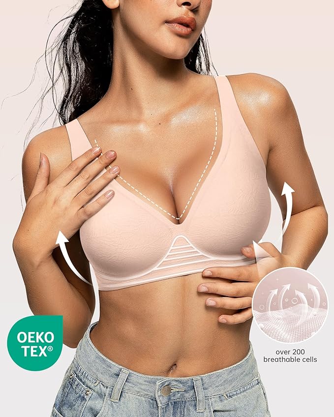 OEAK Womens Deep V Bras Wireless Comfortable Bra Supportive No Underwire Bras Tshirt Push Up Bralettes Plunge Seamless Bra