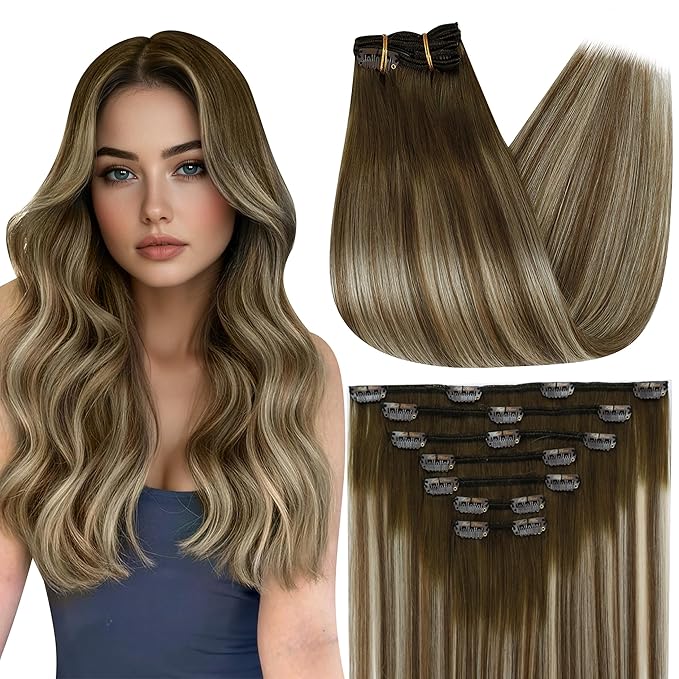 Full Shine Clip in Hair Extensions Balayage Invisible Hair Extensions Human Hair Balayage Medium Brown to Ash Brown Mix Light Blonde Double Weft Human Hair Clip in Extensions 18 Inch 7 Pcs 120 G