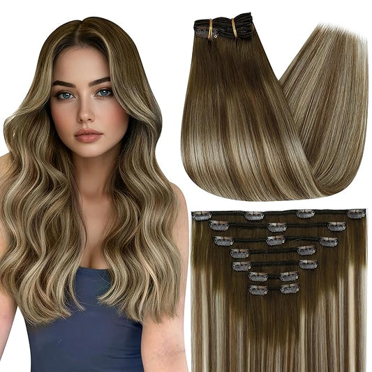 Full Shine Brown Clip in Hair Extensions Real Human Hair Short Hair Ombre Clip in Extensions Brown Balayage Blonde Hair Extensions 7 Pcs Double Weft 12 Inch 95 G