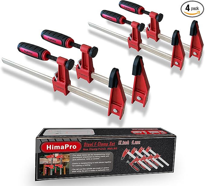 HimaPro 12 Inch Bar Clamp Set, 4 Pack 600 lbs Load Limit Medium Duty Quick Release Steel F Clamp, Ideal for Woodworking, Metalworking, and DIY Projects
