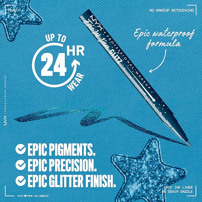 NYX PROFESSIONAL MAKEUP Epic Ink Glitz Liner, Waterproof Metallic Liquid Eyeliner with Vegan Formula - Denim Dazzle (Shimmer Deep Navy)