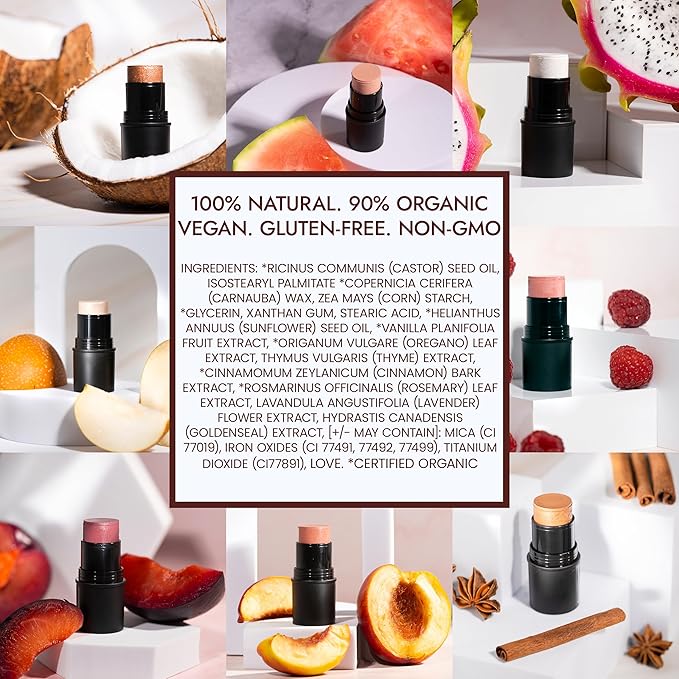 BaeBlu - Organic Blush Tube, Amaretto - 100% Natural Vegan Cream Blush Sticks, Multi-Use Bronzer, & Highlighter for Lips, Cheeks & Eyes, Buildable Shimmer, Gluten-Free, Paraben-Free, Made in USA