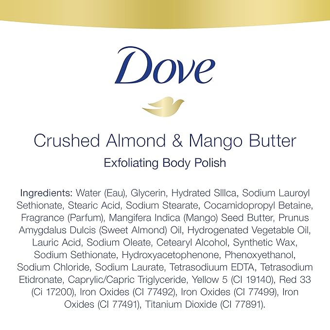 Dove Exfoliating Body Polish Body Scrub Crushed Almond and Mango Butter 4 Count Exfoliating Scrub for Dry Skin Gently Exfoliates to Reveal Healthy Skin 10.5 oz