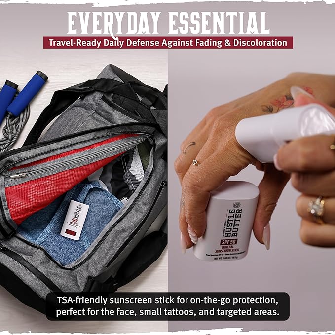 Hustle Butter Tattoo Aftercare Sunscreen Stick - Tattoo Sunscreen Stick, Fade Protection SPF 50, Hydrating with Shea Butter & Coconut Oil, TSA-Friendly, Water Resistant, Non-Greasy, 0.68 oz