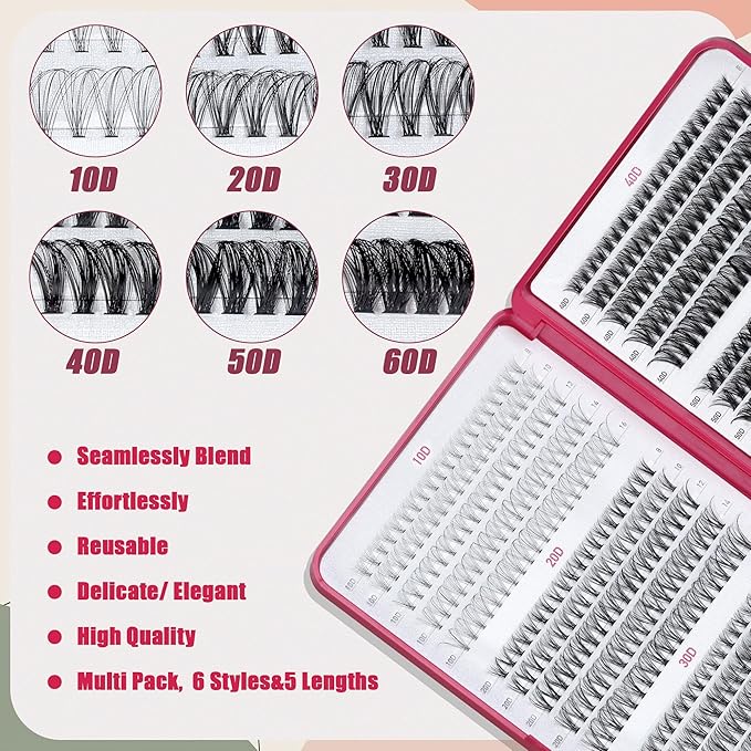 Lash Clusters 600PCS Lashes - Wispy Lash Clusters 10D 20D 30D+40D50D60D Individual Lashes Clusters D Curl Lash Extension 8-16MM Eyelash Clusters with Lash Bond and Seal