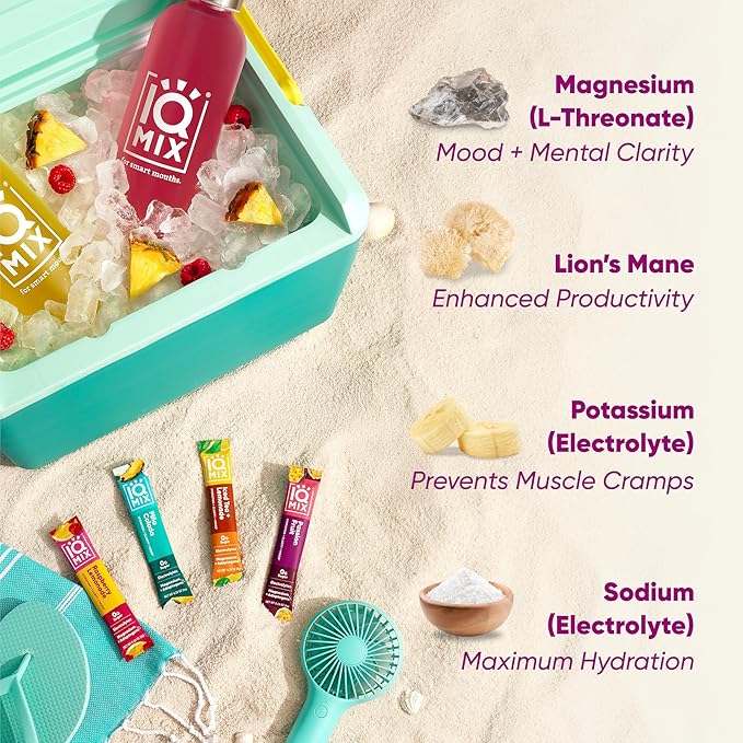 IQMIX Hydration Electrolyte Powder – 4-in-1 Formula for Hydration, Mental Clarity, Mood and Recovery – Sugar-Free Drink Mix, Keto, Magnesium L-Threonate, Lion’s Mane – 20 Count Vacation Variety Pack