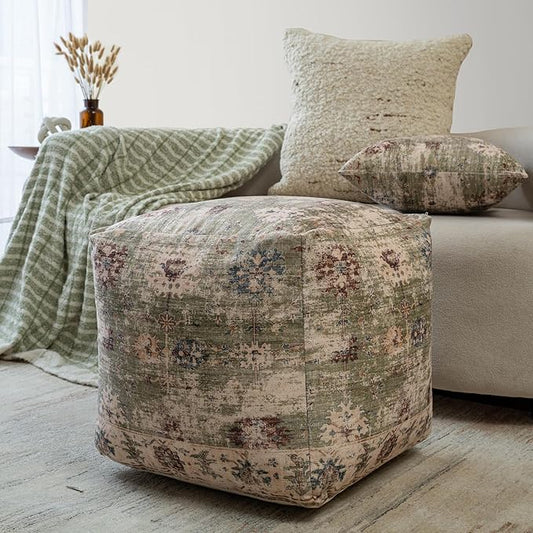LR Home Grace Vintage Floral Sage Green Square Indoor Medium Pouf Ottoman | Power-Loomed Polyester Pouf Footrest for Bedroom & Living Room Decor | 18 x 18 x 18 Stuffed Ottoman for Seating