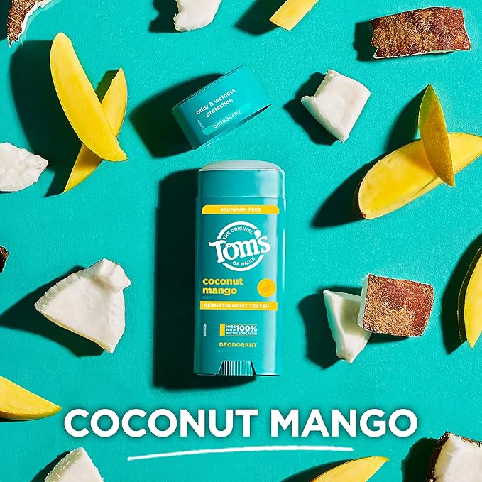 Tom's of Maine Coconut Mango Aluminum Free Natural Deodorant For Women & Men | Goes on Clear | Odor & Wetness Protection | Naturally Derived and Moisture-Locking Ingredients | 3.25 oz (2 Pack)