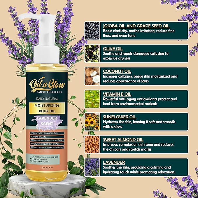 100% Almond Oil USDA Certified Organic Hydrating Body Oil After Shower Non-Greasy Moisturizing Oil For Women & Men Dry Skin 5.07 fl oz/150ml- Lavender Scent