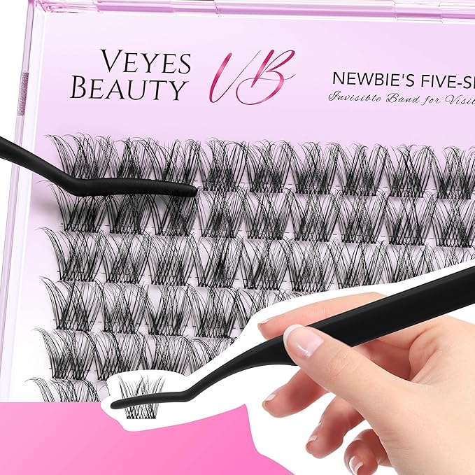 VEYESBEAUTY Lash Clusters Individual Eyelash Extensions Thin & Invisible Band DIY False Eyelashes for Self-application Newbie's Five-Second Series Wispy Lash Tray, LuxeBold 14mm Single Length