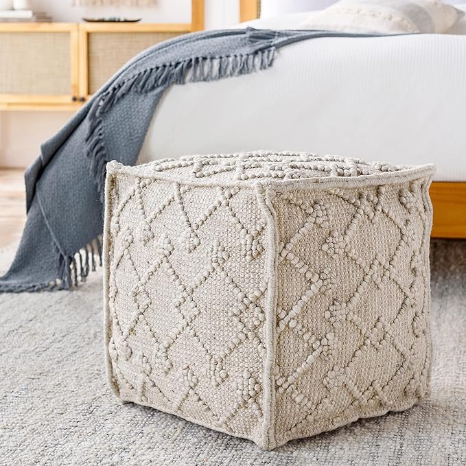 Mark&Day Pouf Ottoman, Lanzendorf Bohemian/Global White Cube Pouf Foot Rest for Living Room, Bedroom and Boho Home Decor (18"x18"x18")