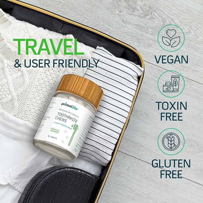 Primal Life Organics Premium Dirty Mouth Toothpaste Chews – Nano-Hydroxyapatite Whitening Toothpaste Tablets for Adults - Gluten Free, Vegan, Paleo - 60 Tablets in Jar - Sparkling Spearmint