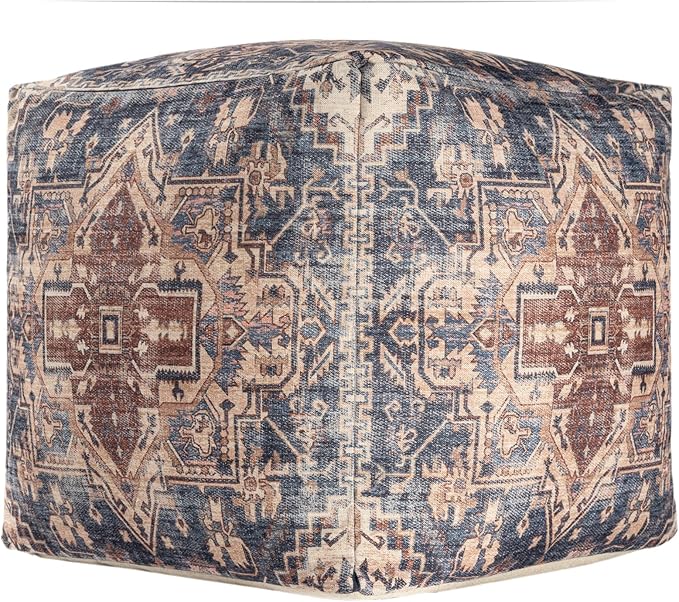 L. R. Resources, Inc. LR Home Vintage Medallion Square Indoor Medium Pouf Ottoman, Navy/Rust | Hand-Made Power-Loomed Pouf for Home Decor | 18 x 18 x 18 Stuffed Ottoman for Seating & Foot Rest