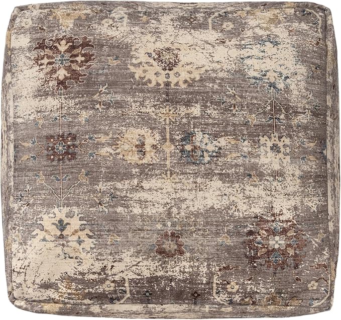 L. R. Resources, Inc. LR Home Vintage Floral Square Indoor Medium Pouf Ottoman, Taupe | Power-Loomed Polyester Footrest for Bedroom & Living Room Decor | 18 x 18 x 18 Filled Pouf for Seating
