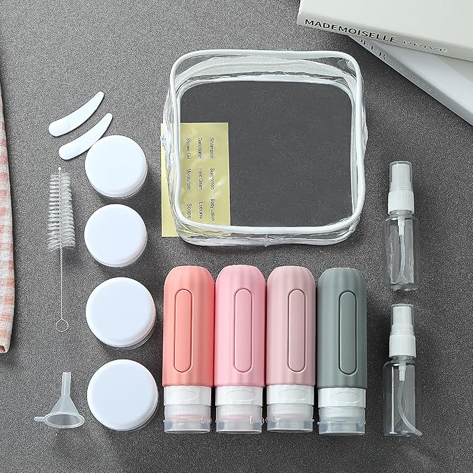 16 Pack Travel Bottles for Toiletries, Leakproof Travel Containers for Toiletries, TSA Approved Silicone Travel Accessories Squeezable Refillable 3oz for Shampoo Conditioner Lotion