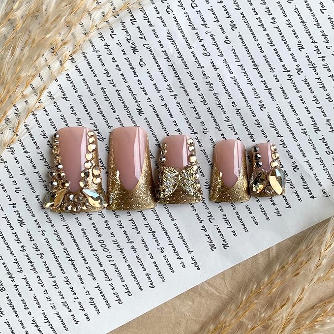 BABALAL Duck Nails Press on Gold Fake Bling French Tip Glue on Luxury Butterfly Rhinestone Acrylic 24Pcs Manicure Stick on False