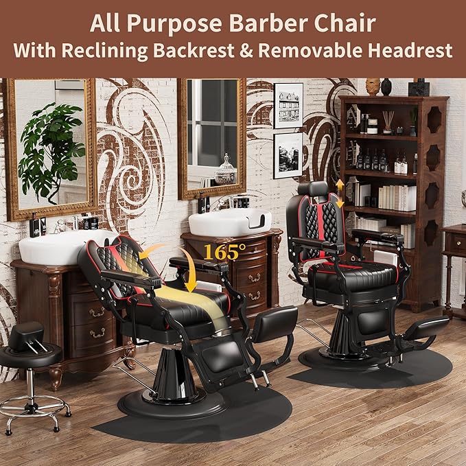 Baasha Black & Red Barber Chair, Plush Reclining Salon Chair with Adjustable Headrest, Wide Stable Base, 360° Swivel, Heavy-Duty for Barbers, 550 lbs