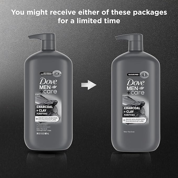 DOVE MEN + CARE Body and Face Scrub Charcoal + Clay Body Wash for Men with 24-Hour Nourishing Micromoisture Technology 30 oz