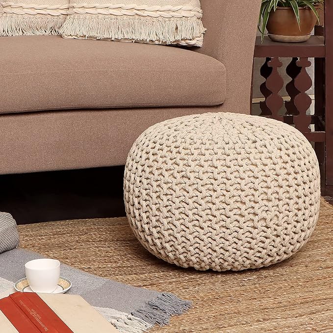 REDEARTH Round Pouf Ottoman - Cable Knitted Boho Poof - Home Décor Cord Pouffe Handmade Circular Footrest for Living Room - Bedroom - Kids Bedroom - 100% Cotton Pouf (19.5"x19.5"x14") - Ivory