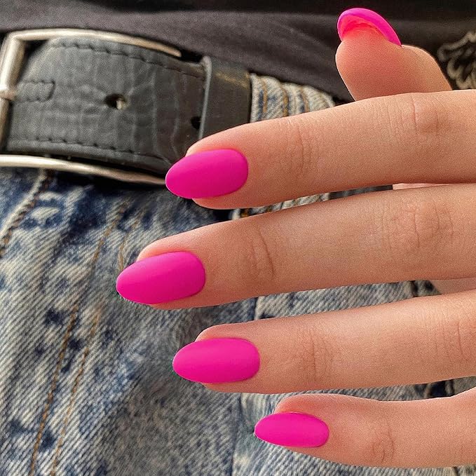 Matte Hot Pink Press on Nails Short Almond Fake Nails Press ons, Thick Solid Color Glue on Nails Short False, Medium Almond Oval Round Shaped for Women, 24Pcs Natural Acrylic Gel Nail