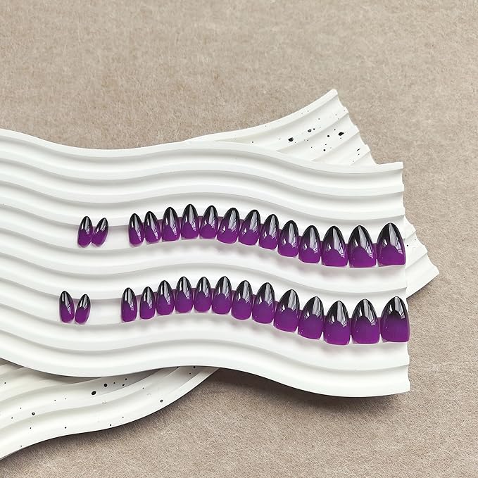 KQueenest Purple Black Press On Nails Short Almond, Ombre French Press On Nails with Glue, Dark Fake Nails Press ons, Soft Gel Glue on Nails with Gradient Design for Women Gift, 30 Pcs