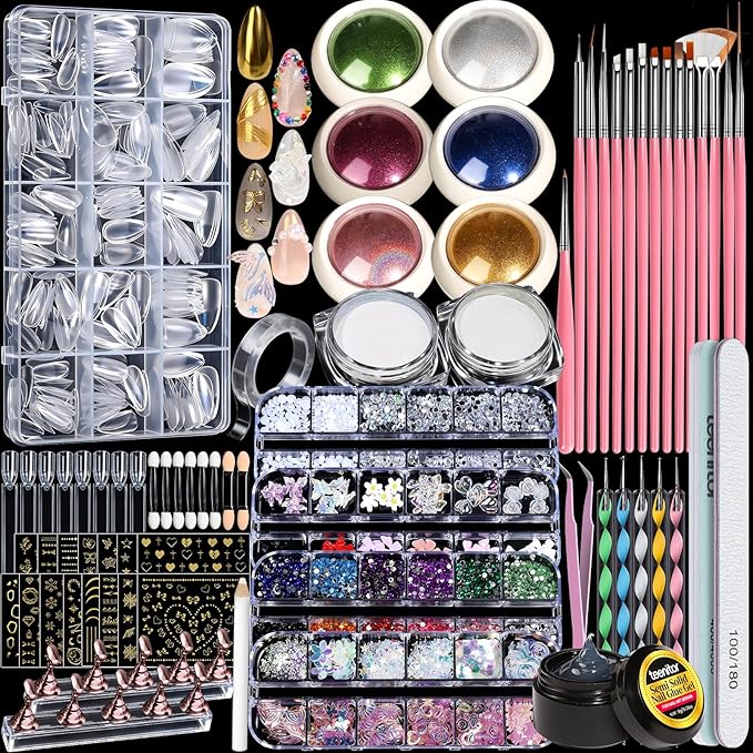 Teenitor Acrylic Nail Kit With Chrome Powder, Almond Tips, Art Brushes, Charms, 3D Gel, Tools, Stand - Beginner Set