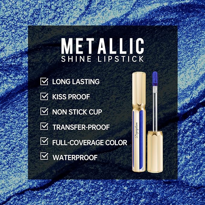 Blue Lipsticks for Women Metallic Lipstick Long Lasting Non Stick Cup Lip Gloss, Shimmer Lightweight Hydrating Full Coverage Lip Color, DP118 R&B
