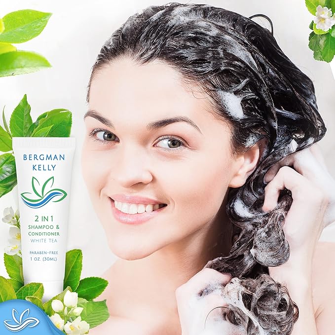 BERGMAN KELLY - Travel Size 2 in 1 Shampoo & Conditioner - 1 fl oz, 100 PK, White Tea - Delight Your Guests w/Revitalizing & Refreshing Shampoo Amenities, Quality Small Size Hotel Toiletries in Bulk