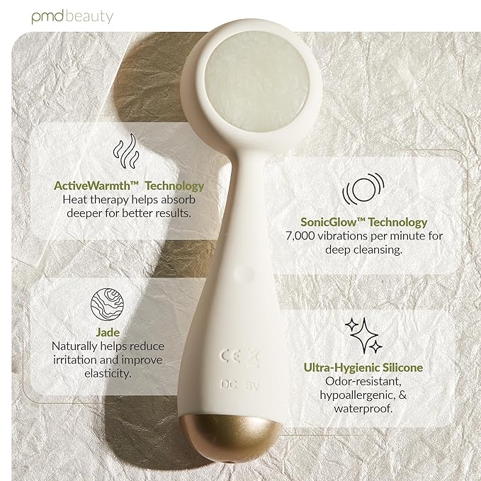PMD Beauty Clean Pro Jade - Smart Facial Cleansing Device with Silicone Brush & Jade Gemstone ActiveWarmth Anti-Aging Massager - Waterproof - SonicGlow Vibration - Clear Pores & Blackheads