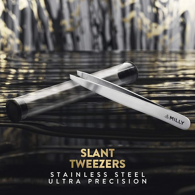 Professional Slanted Tweezers for Women & Men | High Carbon Stainless Steel Sharp Tweezer | Tweezers for Women Facial Hair Plucking, Hand-Filed & Aligned Precision Slant Tips - Silver