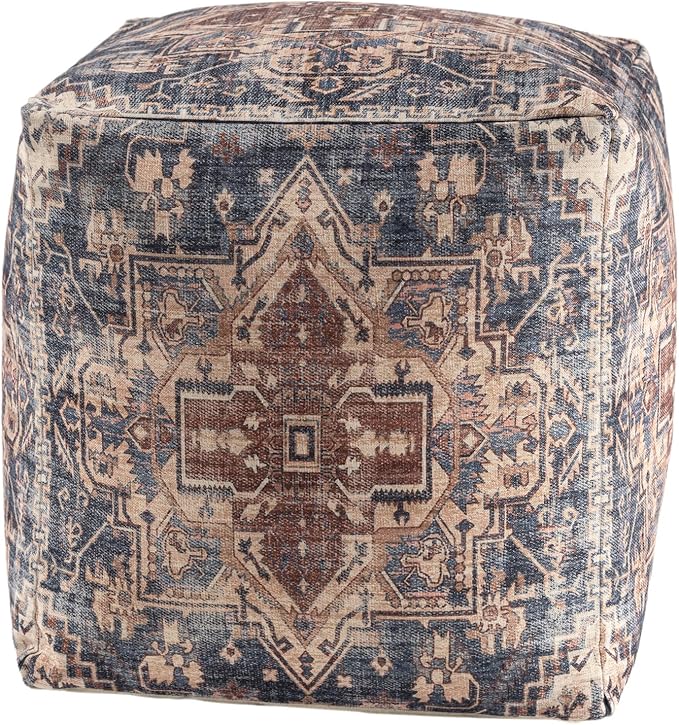L. R. Resources, Inc. LR Home Vintage Medallion Square Indoor Medium Pouf Ottoman, Navy/Rust | Hand-Made Power-Loomed Pouf for Home Decor | 18 x 18 x 18 Stuffed Ottoman for Seating & Foot Rest