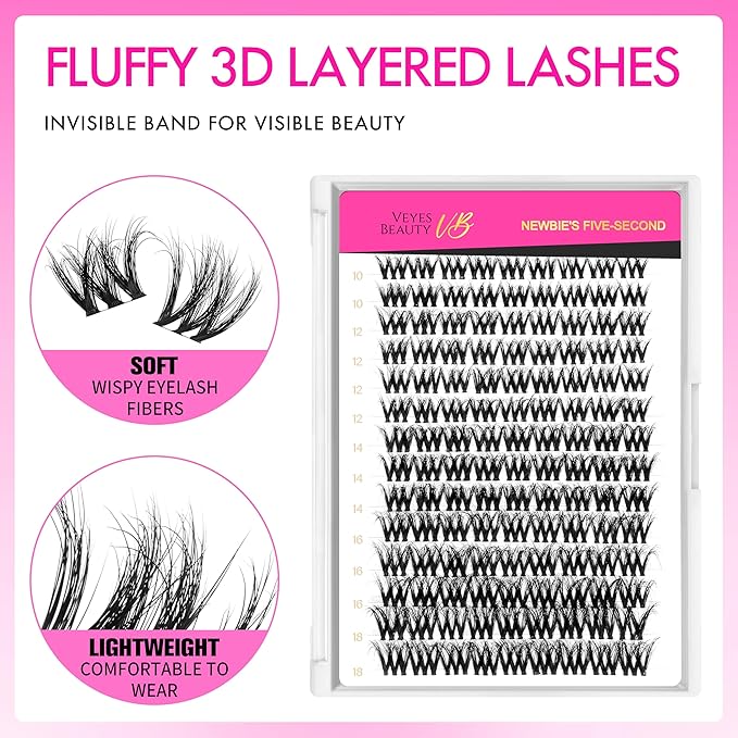 VEYESBEAUTY Lash Clusters Fluffy Individual Lash Extensions VBmuse 3D Layered Volume Eyelashes Thin & Invisible Band Wispy Faux Mink Lash Newbie's Five-Second Mixed Length 10-18mm