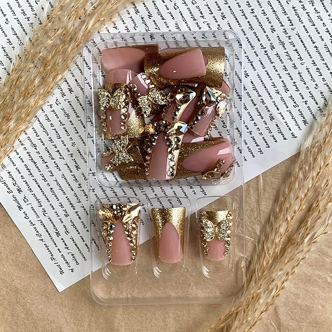 BABALAL Duck Nails Press on Gold Fake Bling French Tip Glue on Luxury Butterfly Rhinestone Acrylic 24Pcs Manicure Stick on False