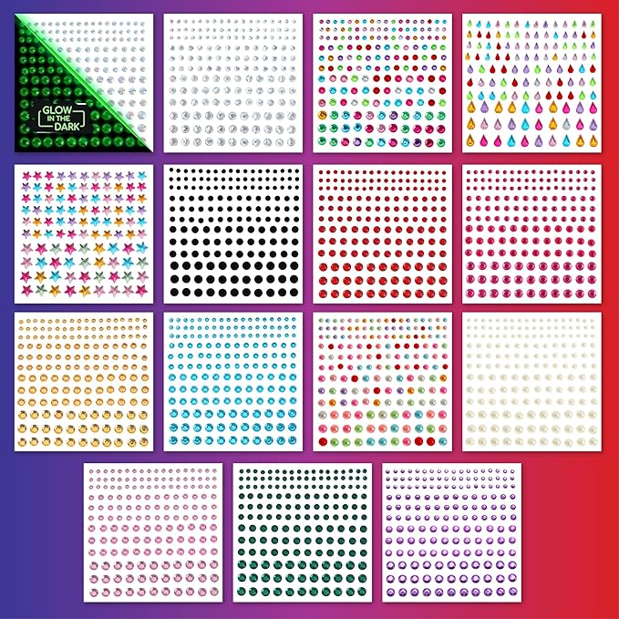 FACEGEM LONDON 15 Sheet Face Gems Rhinestone -SELF ADHESIVE- Rhinestones for Eyes Face Body Nails, Face Glitter, Nail Gems Rhinestone, Face Jewels Rhinestone for Party, Rave Festival, Make up