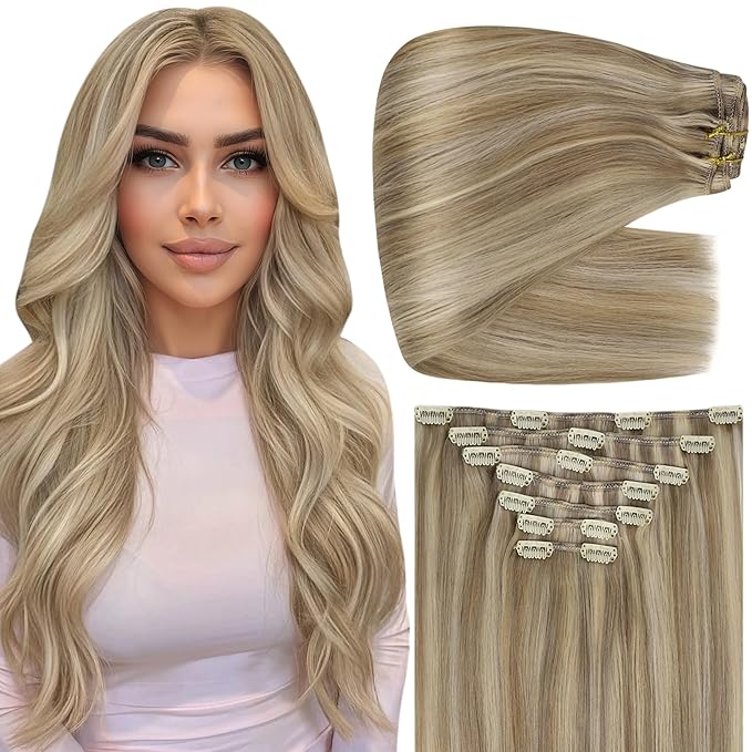 Full Shine Clip in Extensions 20 Inch Golden Blonde Mix Light Blonde Thick Human Hair Extensions Full Head Clip in Human Hair Remy Straight Hair 7 Pcs