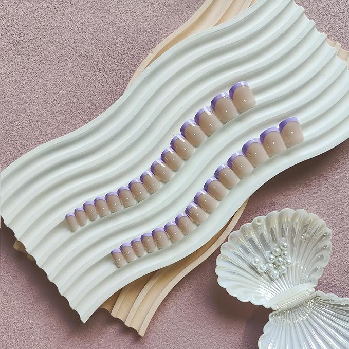 30Pcs Purple French Tip Press on Nails Short Square Nails Press ons, Short Fake Nails Coffin Acrylic French Glue on Nail False for Women, Natural15 Sizes