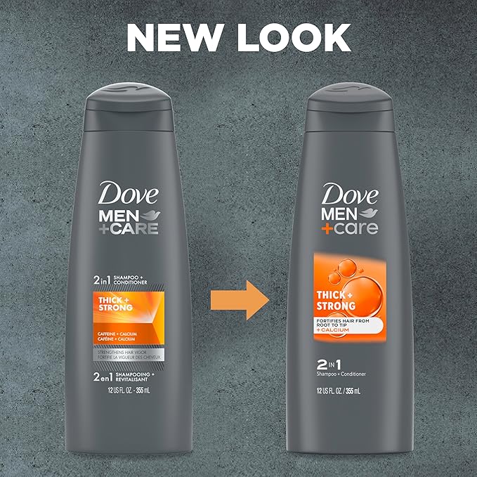 DOVE MEN + CARE Fortifying 2 in 1 Shampoo and Conditioner for Resilient and Thicker Hair Thick and Strong with Caffeine Helps Strengthen Thinning Hair 12 oz, Pack of 6